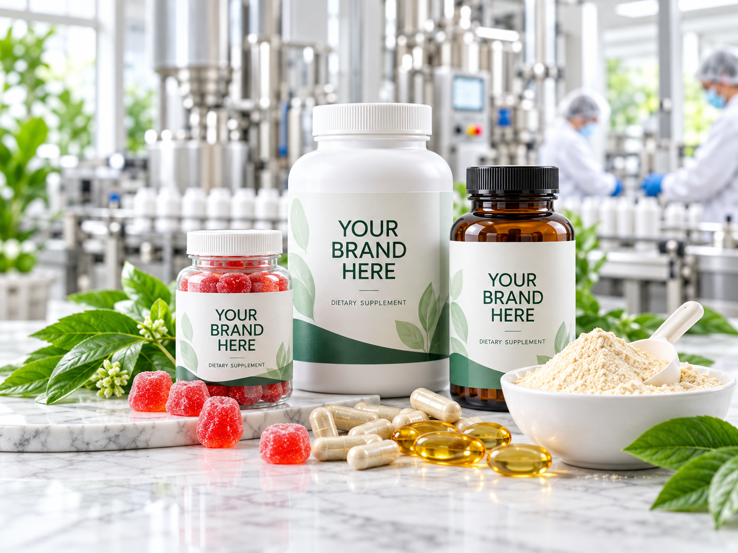 Private label supplement products displayed in a modern manufacturing environment