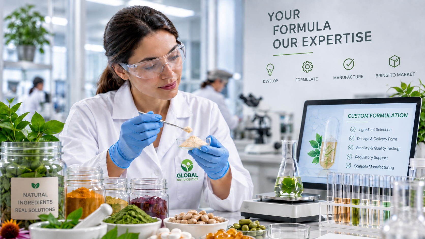 Scientist evaluating a custom supplement formula in a modern laboratory
