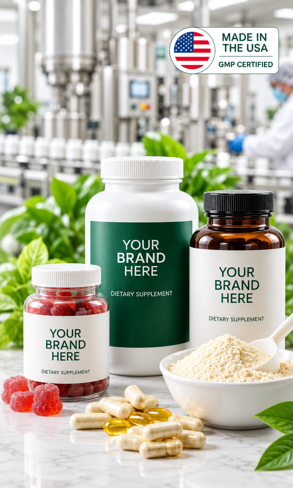 Private label supplement display with YOUR BRAND HERE packaging in a U.S. manufacturing environment