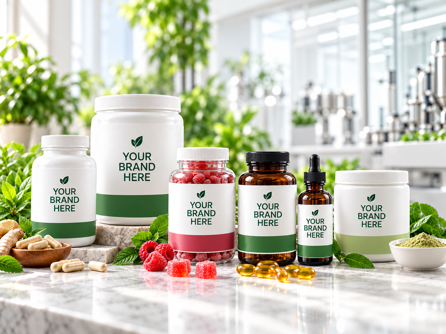 Private label supplement showcase with Your Brand Here packaging