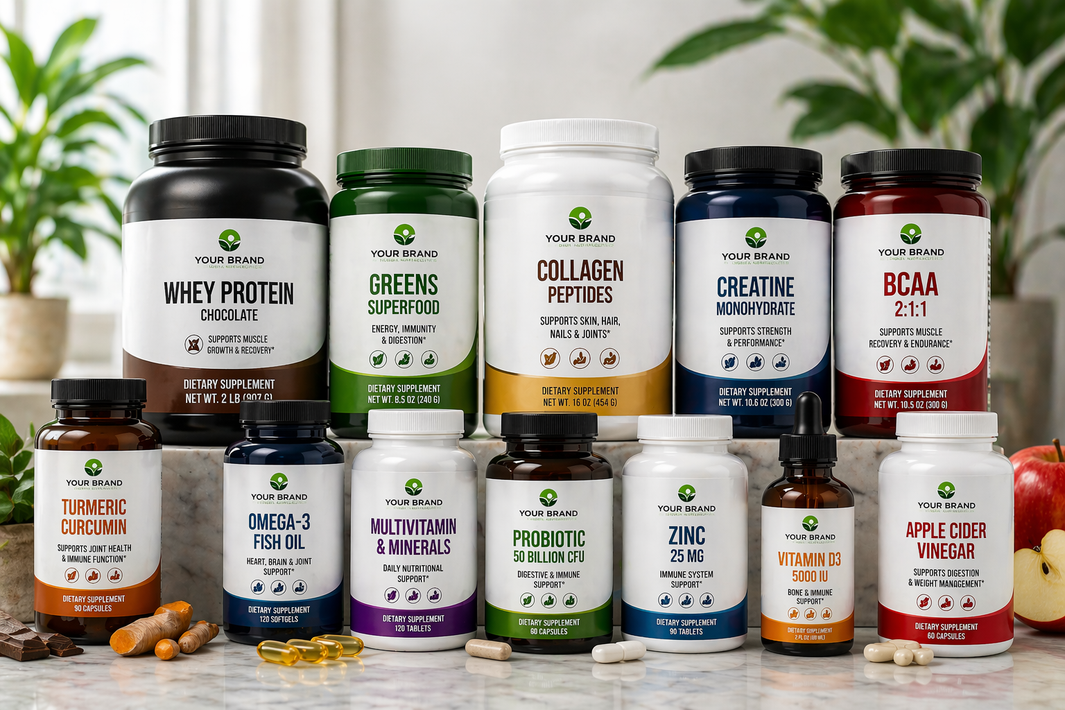 Private label supplement bottles by Global Nutraceutics